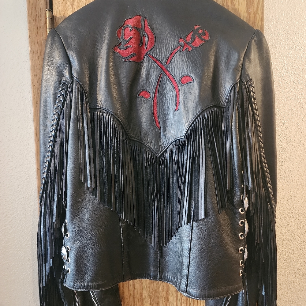 Biker Skins 1989 Vintag Womens Moto Jacket Suede rose detail With Fringe
